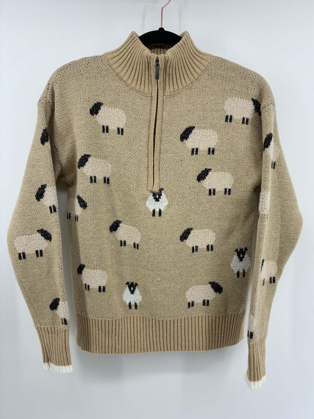 Ricki's Tan Zip-Neck Sweater with Sheep Motif